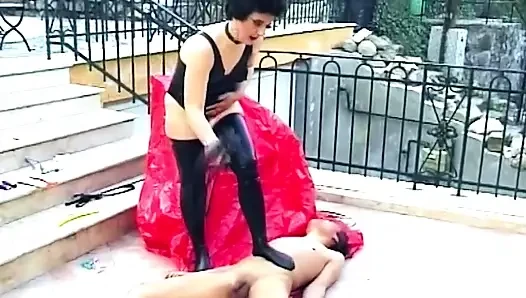 Brunette Dominatrix Pins Clothespins on Cock