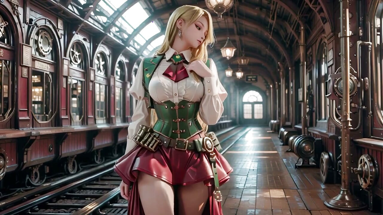 Secretária loira steampunk! Poses preguiçosas entre engrenagens gigantes, ajustando os óculos com um olhar provocante.