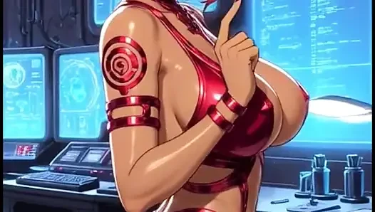 Cyberpunk kızıl saçlı kız bilgisayar odasında dans ediyor (aa animasyon)