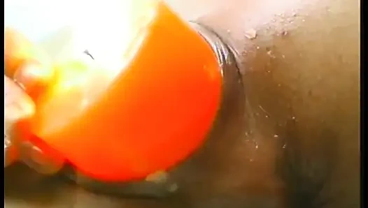 Brunette mature slut wearing stockings while drilling her holes with food and huge candle