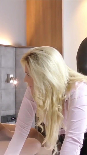 Stunning moment from "Two Hot MILFs Use Huge Cock Callboy for MMF 3Some German"