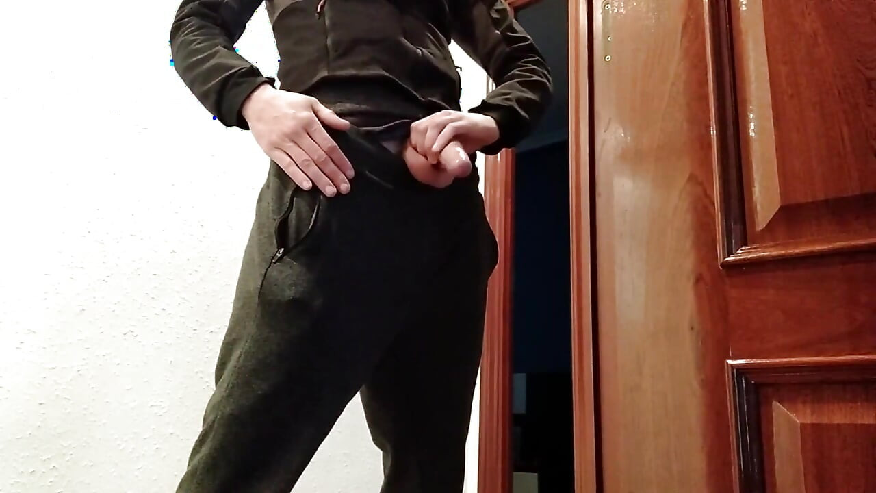 Handjob From Hot Amateur Guy with Big Cock, Shoots at the Door