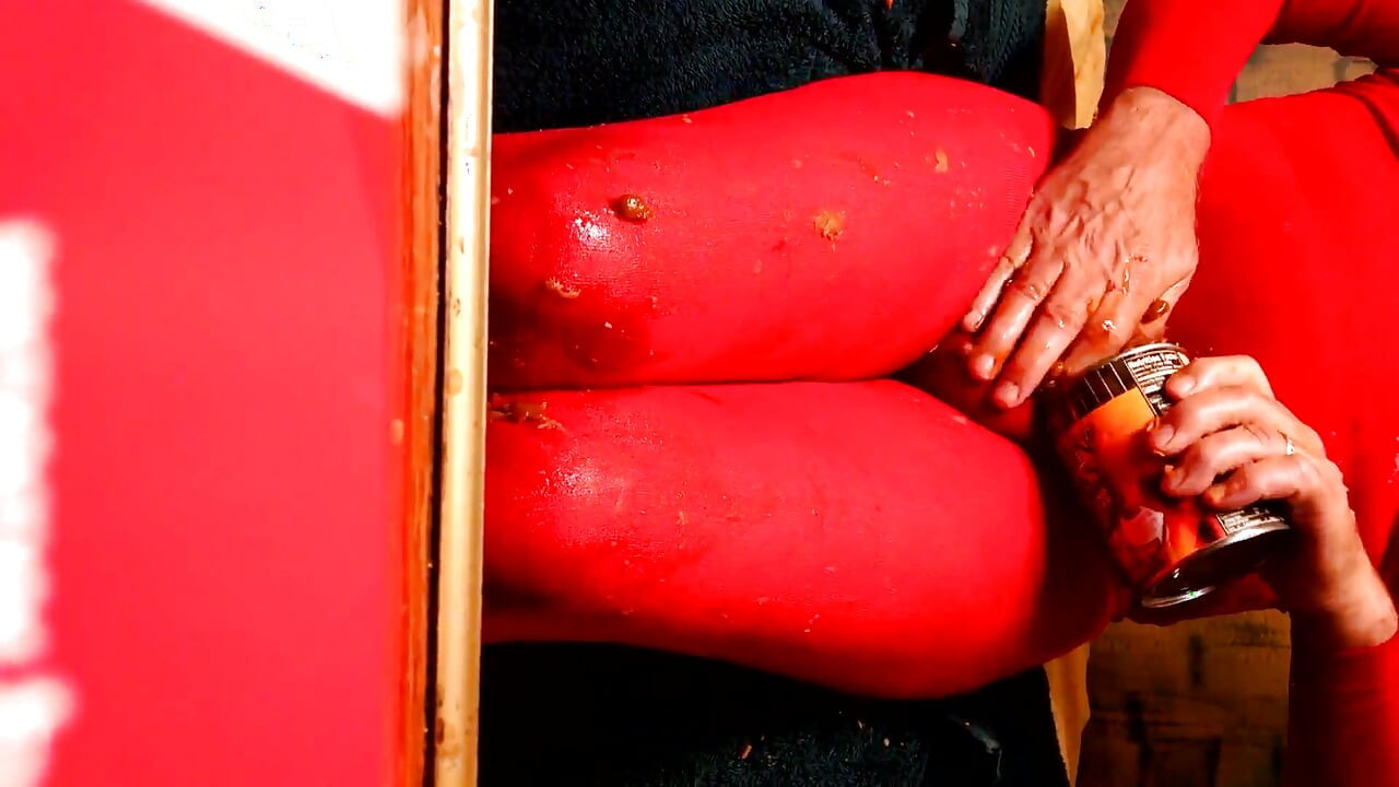 Food smearing my red nylon pantyhose feet, legs, crotch with yams and baked beans.