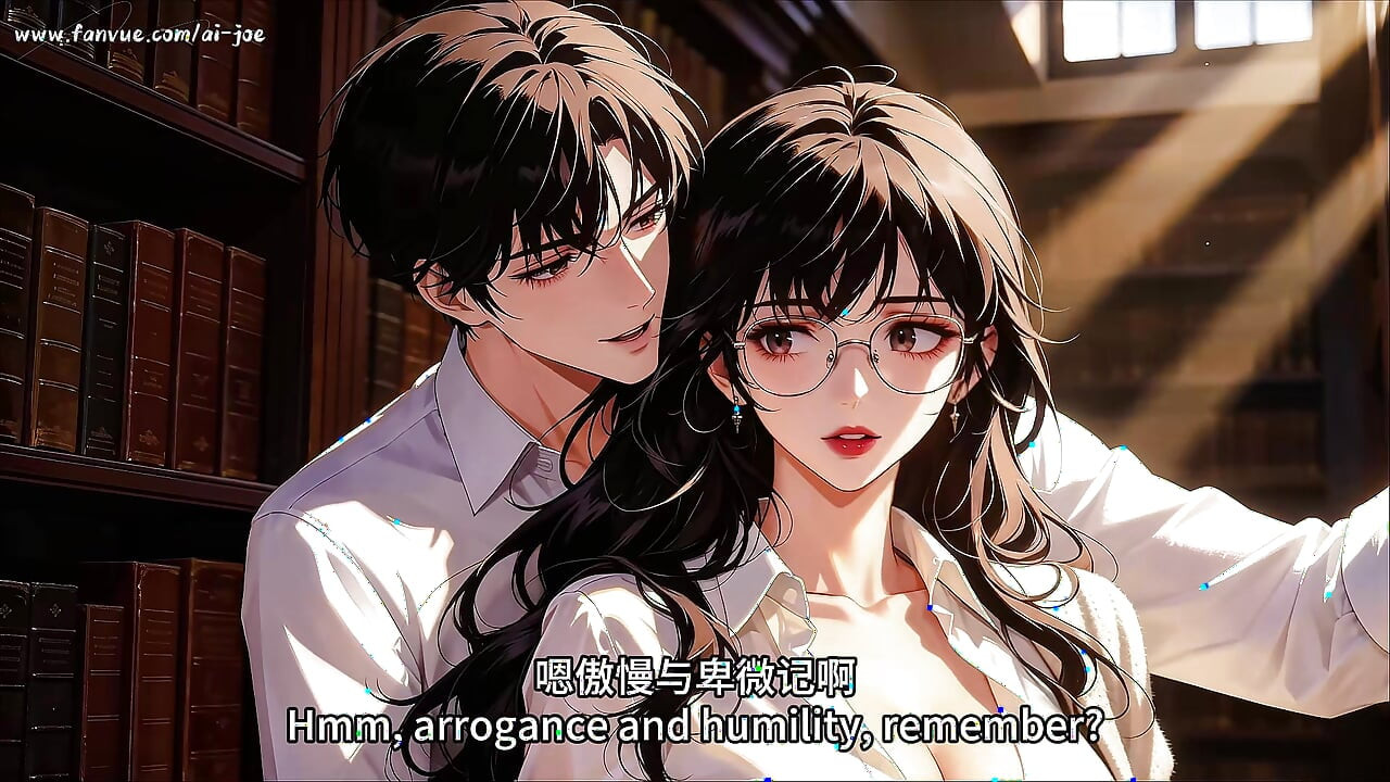 glasses beautiful woman , the private study session in the library.Super temptation. AI generated