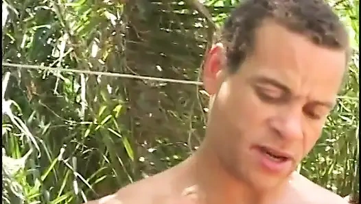 Slut gets jizzed on after sucking guy's cock outside and getting twat banged