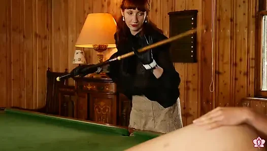 Lesbian Billiard Game: Slave Mila Spreads Her Pussy for Impact Punishment by Mistress Roxy
