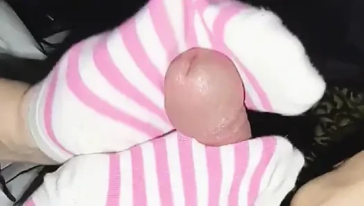 Sexy Hot Pink & White Striped Sockjob Socks Handjob