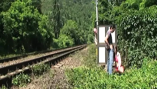 Sexy teen fucked by her stepdad and his friend in public