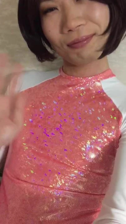 crossdresser in orangemetallic leotard part1