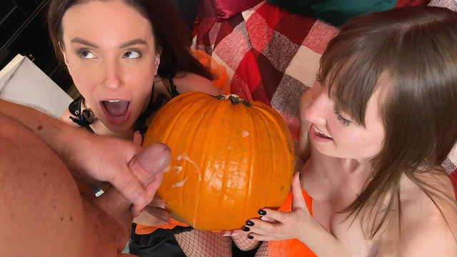 Kate Quinn & Mary Frost -- Halloween 3Some and cum on pumpkin