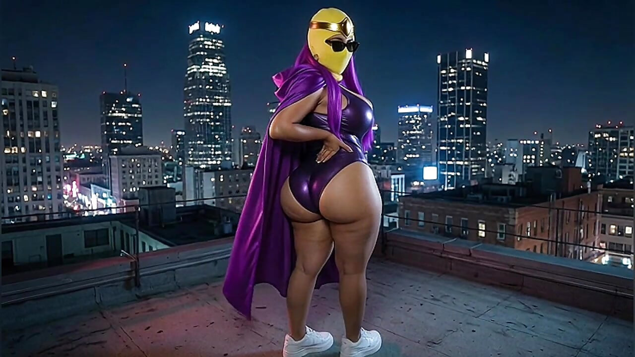 Petite Big Ass Purple Superheroine Twerking on the Rooftop