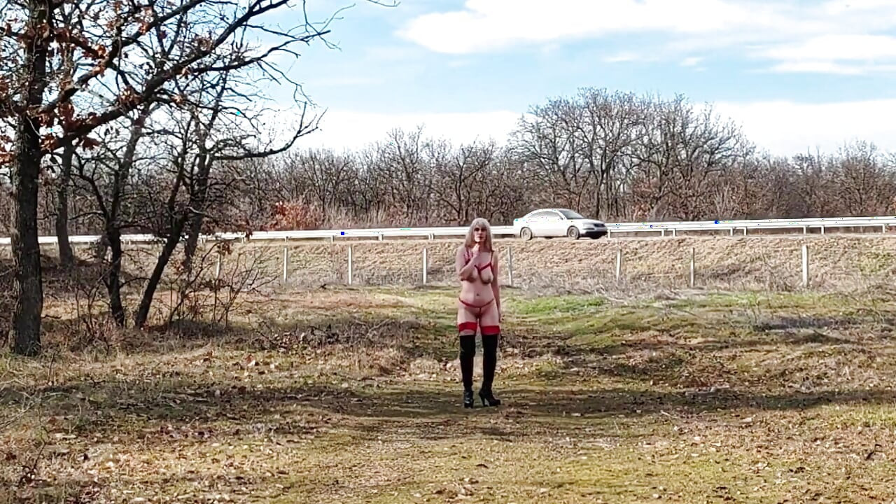 Little Whore Strips off Her Red Bodysuit on the Highway Part 2