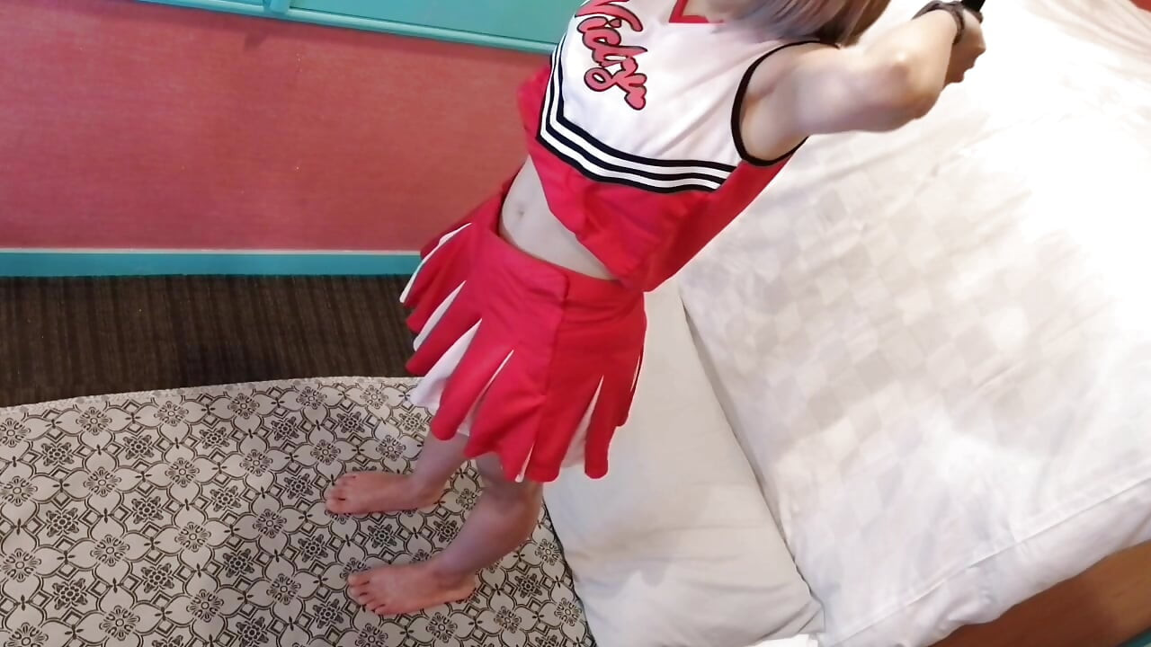 A cute, busty married woman does exercise 3 in a sexy cheerleader costume. Peeking down from above. Home made amateur Private Shoot