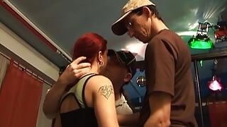 Redhead babe from Germany gets a double cumshot in her throat