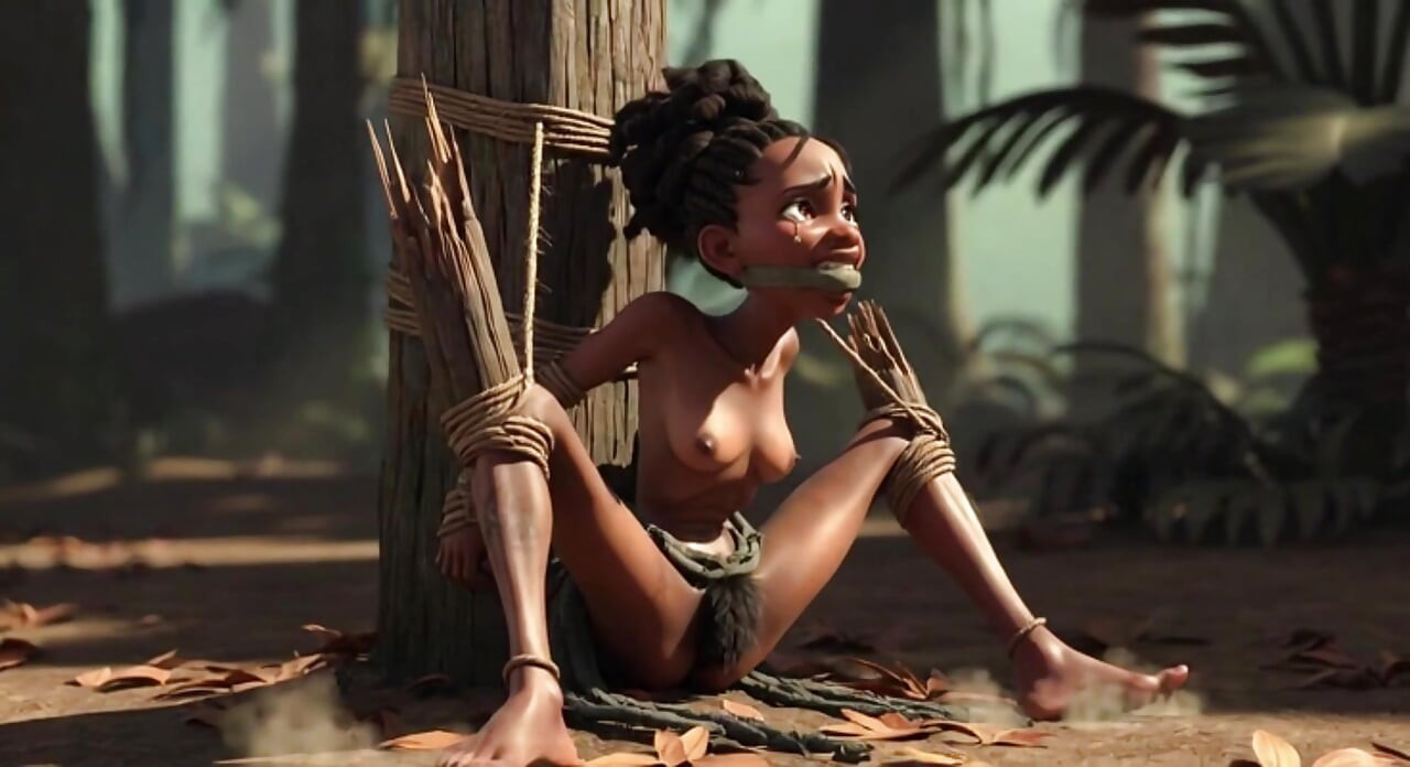 African Girl Bound in Rope Bondage - Hairy Wet Pussy Craving for Cock