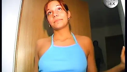 Brunette teen with small tits sucking dick and getting cum on tits