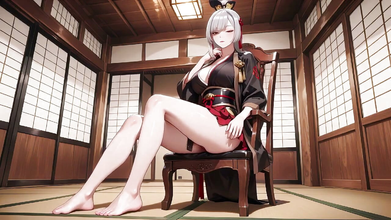 Silver-Haired Samurai's Private Dojo! Kimono merah dan hitam sedikit terbuka, pedang ganda di tangan tapi tetap menggoda.