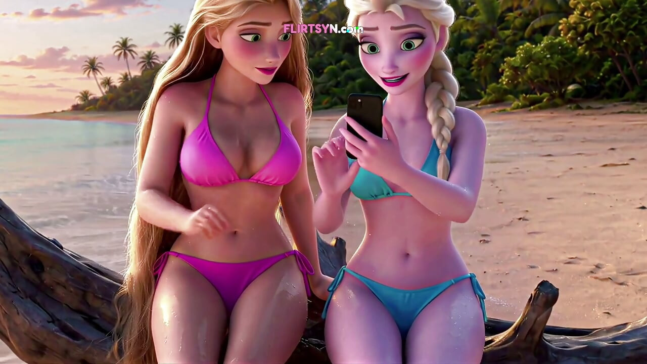 Rapunzel ve Elsa Issız Bir Adada Mahsur Kaldı ve Yapacak Başka Bir Şey Olmayınca Sırayla Birbirlerinin Amını Yalamaya Başladılar
