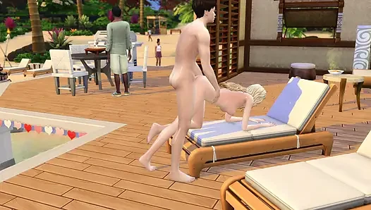 Couple in love have sex in public on the beach. The sims