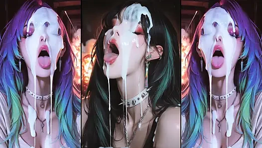 Anime characters get their faces thoroughly covered in cum.