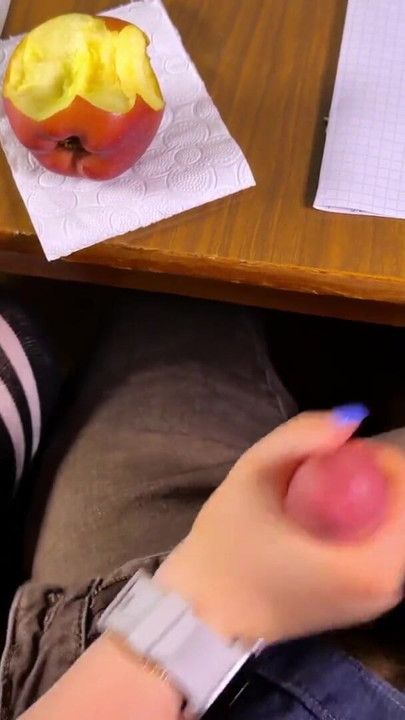 HOT HIGH SCHOOLGIRL Risks Jerking Off at the Front Desk and Eating an Apple with CUM on it | Clip 3