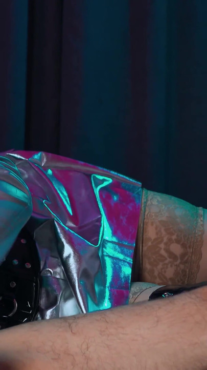 Horny Gloved Babe in Shiny Leather Jerks His Big Cock & Fingers Deep Into His Pisshole Till He Explodes Cum All Over Her Boots