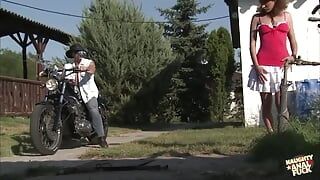 Biker stud spots a farm girl with her small tits out and stops for sex