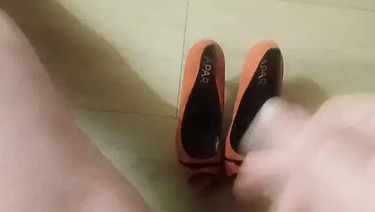 Cumshot on orange suede Apart peep toe heels