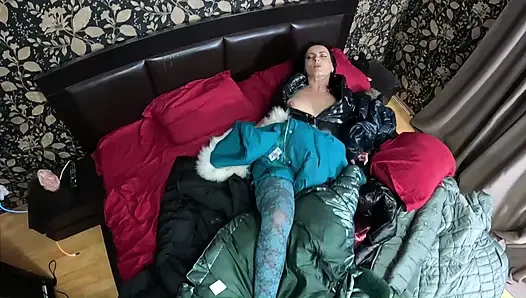 Shiny Downjacket Fetish MILF. Multiple Jackets, Rough Fuck and Cum All Over My Coat