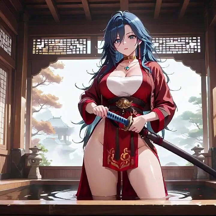 파란 머리 사무라이! 대나무 숲에서의 서비스. 그 높은 슬릿 기모노 아래에 숨겨진 비밀은 무엇입니까?