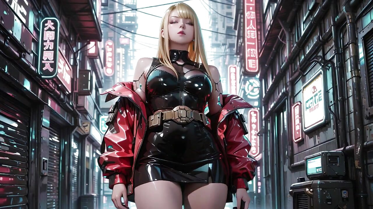 Cyber Queen's Wet Fantasy! Red leather jacket glistening under neon rain, kneeling pose that breaks the armor