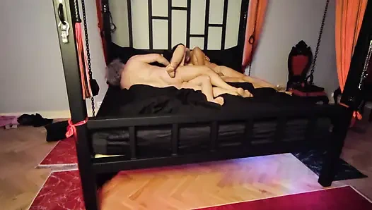 Hardcore BDSM Gangbang. Men Fuck Woman Tied to Chains and Bed.gangbang.