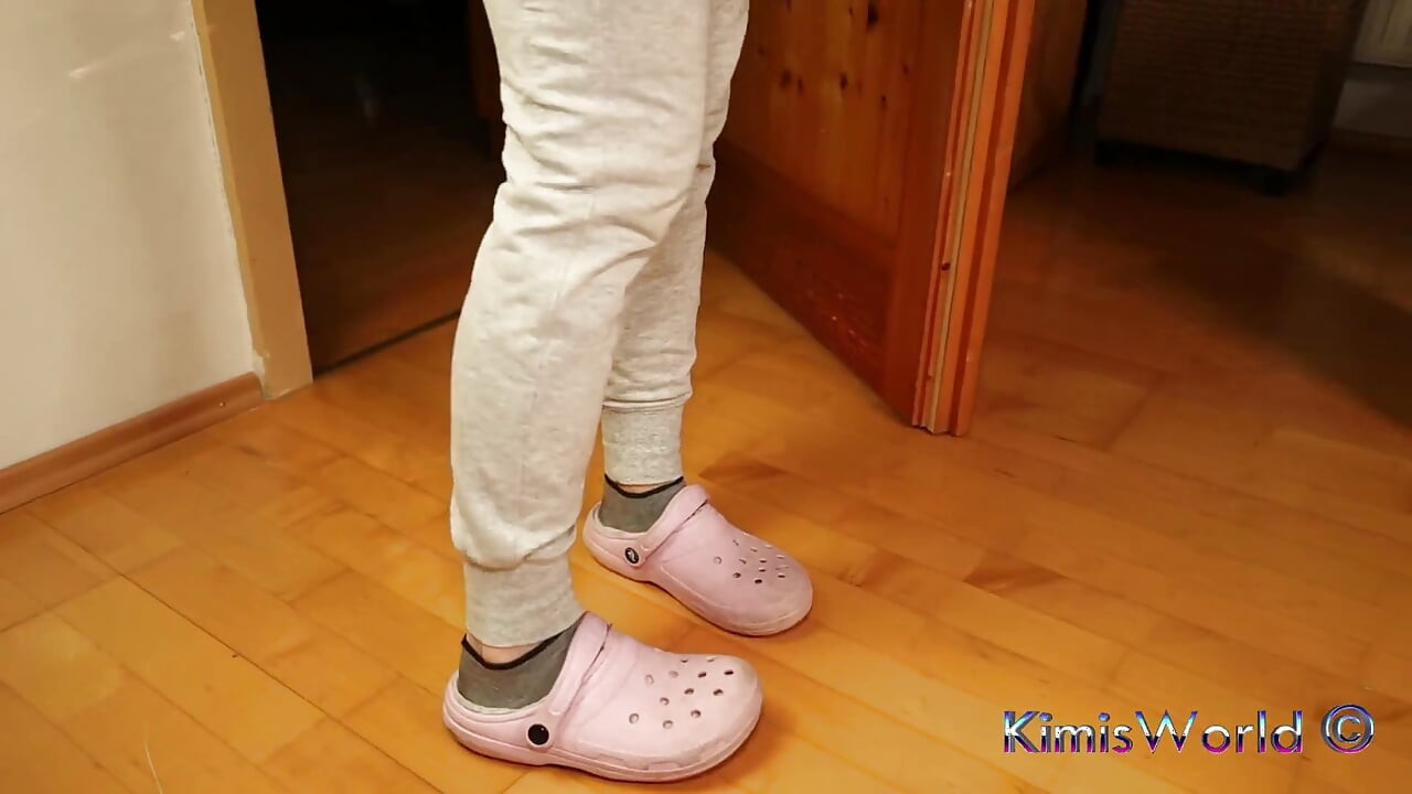 Dirty Grey Sneaker Socks in Pink Clogs - Casual Foot Tease