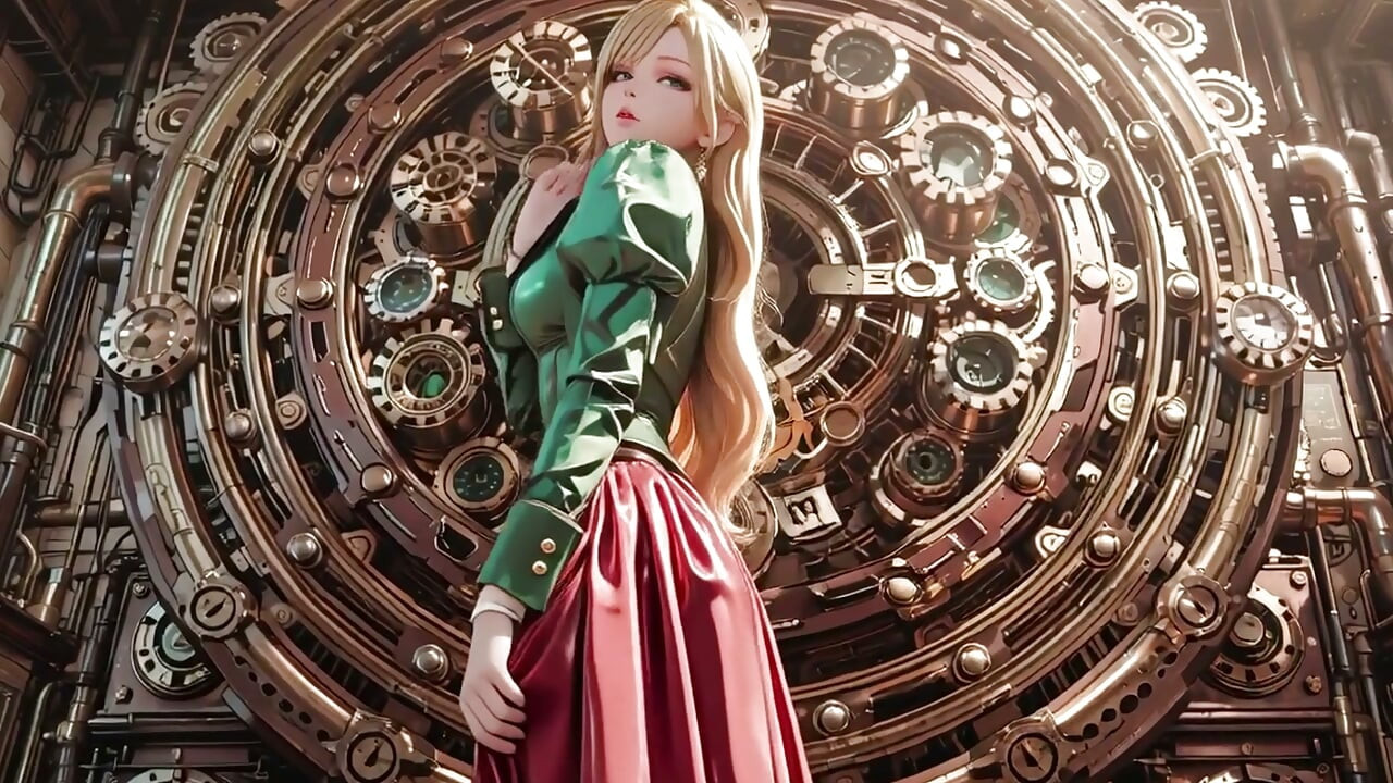Secretária loira Steampunk! Poses preguiçosas entre engrenagens gigantes, ajustando os óculos com um olhar provocante.