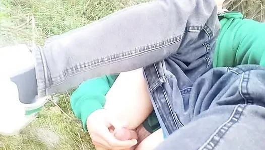 Ruined orgasm, but wanna full, thick cum, gay twink jerking off outdoor in adidas Stan Smith sneakers  Gay Asian boy wanking