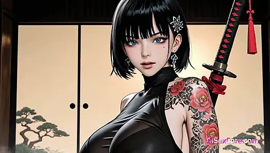 Cewek Samurai lepas baju saat pedangnya berkilau kemudian disematkan & basah kuyul dalam air mani (AI Sex)