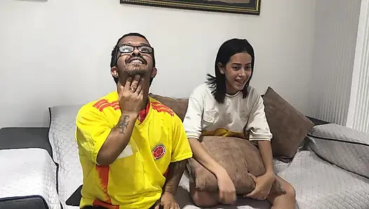 My best friend crying with jealousy while I fucked his horny girlfriend hard after losing the bet on the Colombia - Portugal match.