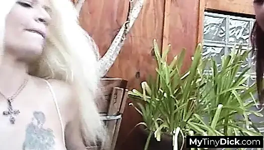 Si rambut merah berapi-api dan pirang yang gerah bergabung dengan blowjob kontol kecil