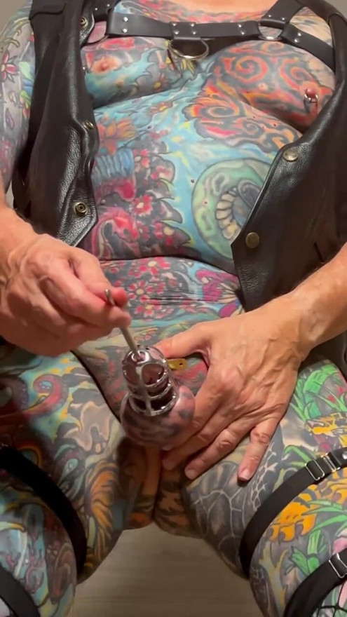Jacques Kiros practices sounding on his caged cock