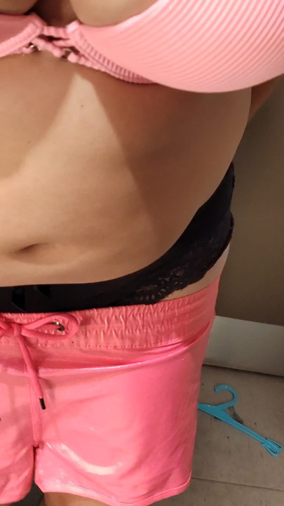 My stepsister allowed me to watch her try on swimsuits in the fitting room. She tries on a lot of swimsuits on her gorgeous tits | Clip 3