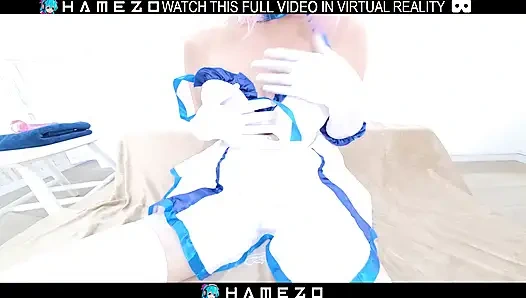 Japanese with pink short hair Rena Horikawa has fun with a dildo,in VR.