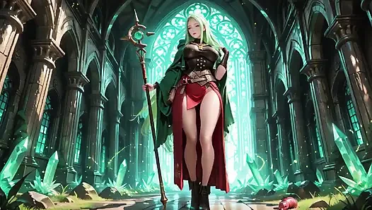 Under the Ethereal Blue Glow of a Gothic Cathedral, She Kneels with Her Staff, Eyes Locked on You.