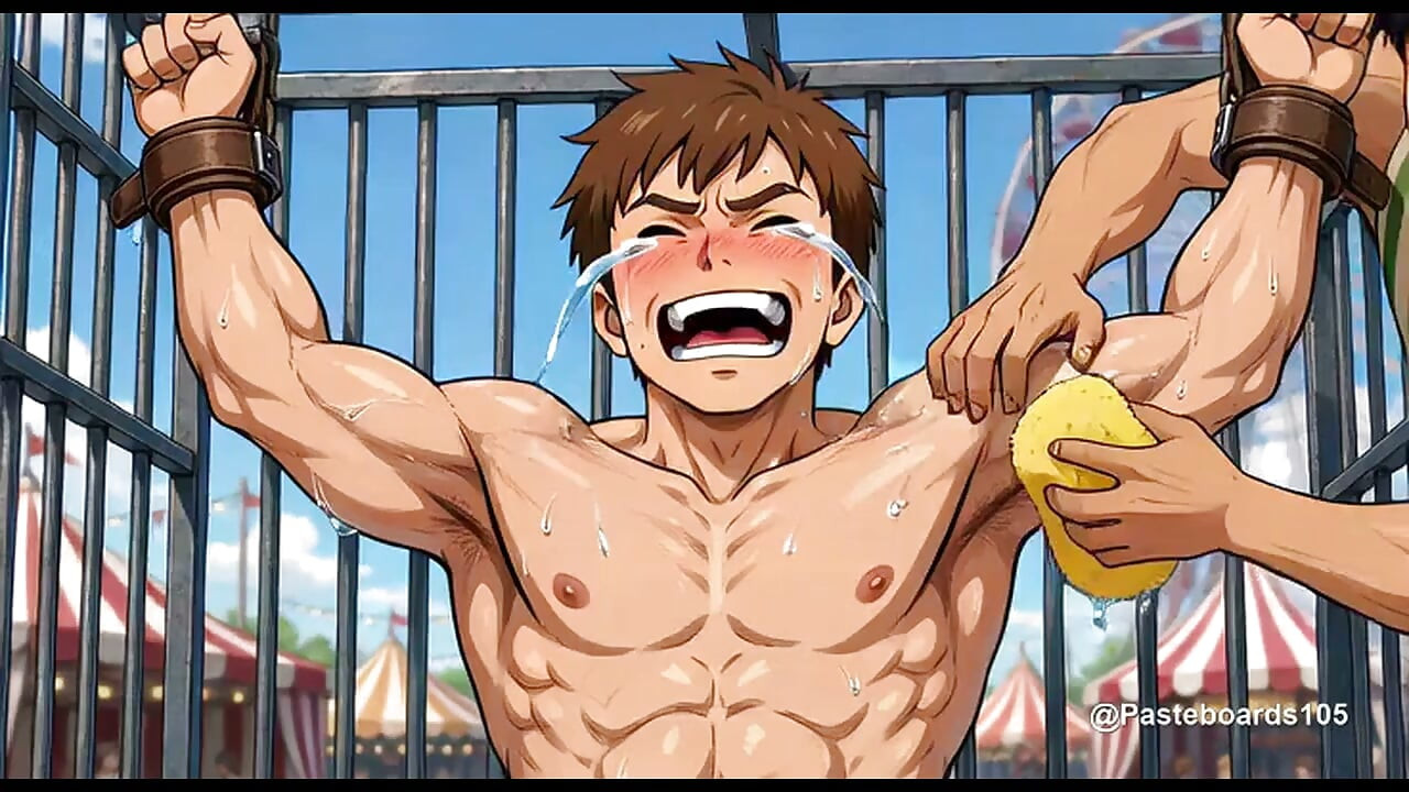 Připoutaný na sedátku karnevalové střelnice, houby a prsty na chodidlech a podpaží (2D anime)