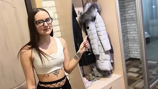 A beautiful skinny girl gives a sloppy blowjob and gets cum in her pussy