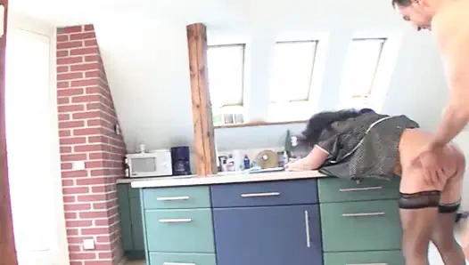 German housewife rides dick in the living room