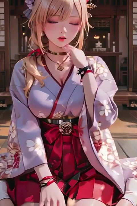 Blonde Goddess in the Japanese Corridor, Lazy Gazes, Hand on Hips, Sunlight Drenching Her Skin