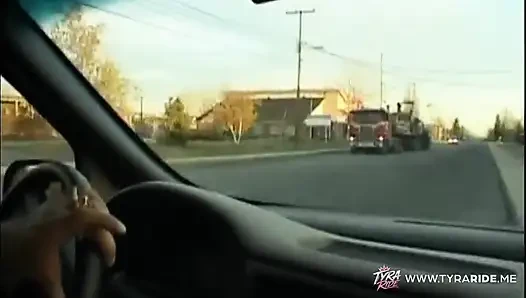 Brunette with Tattoos Gives Blowjob in Car Backseat