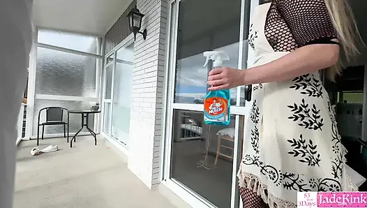 A sexy domestic servant is recorded while she cleans the house