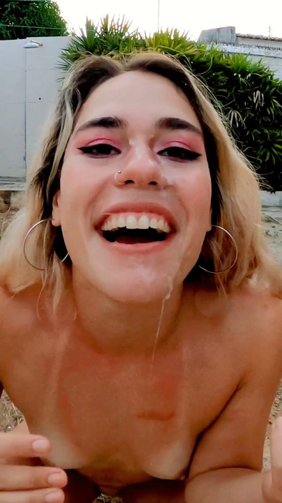 swallowing pee in my stepfather's patio he fills my face with cum | Clip 1