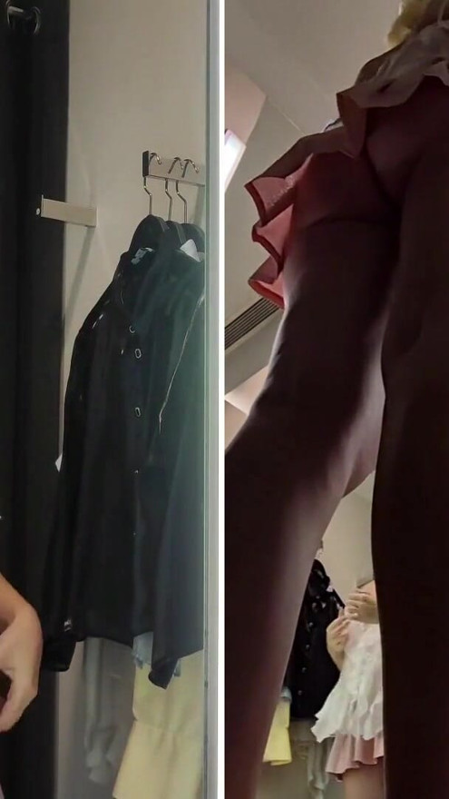 Sexy babe with big boobs tries on transparent clothes. Video from public fitting room | Clip 1